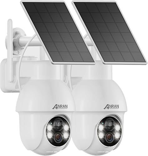 ANRAN Cámara de seguridad solar 2K inalámbrica para exteriores, paquete de 2 cámaras WiFi alimentadas por batería con PTZ de 360 para seguridad del