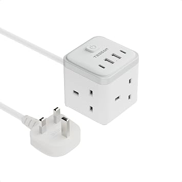 TESSAN Small Extension Lead 1M, 3 Way Extension Socket with 4 USB 2 USB C
