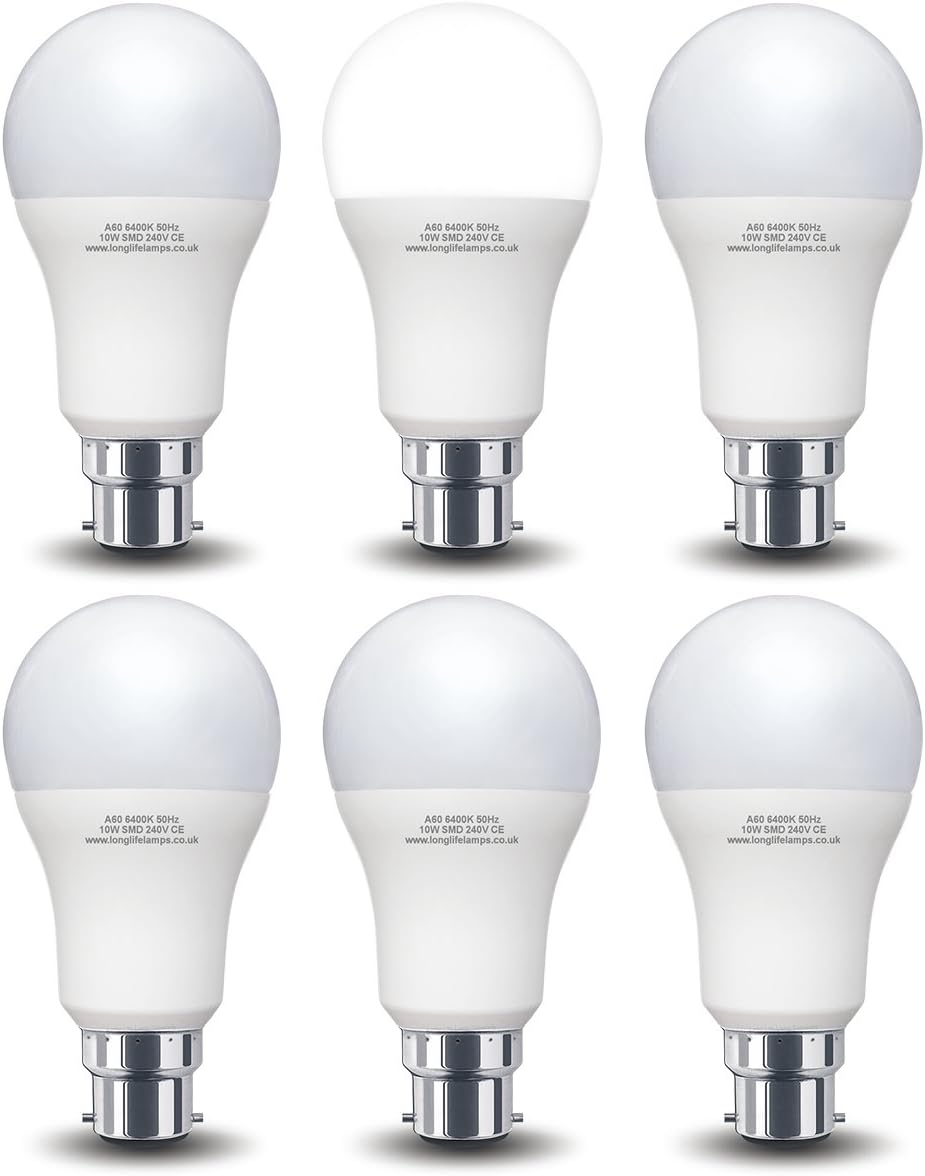 6 Pack 10w GLS LED Light Bulb Cool White B22 Bayonet Very Bright 10w = 100w A60