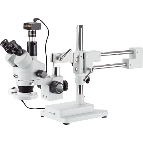 AmScope 7X-90X Simul-Focal Boom Stereo Microscope with a Fluorescent Light and 10MP Camera