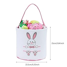 XinblueCo Easter Bunny Basket Egg Bags for Kids,Canvas Cotton Personalized Candy Egg Basket Rabbit Print Buckets with Fluffy Tail Gifts Bags for Easter