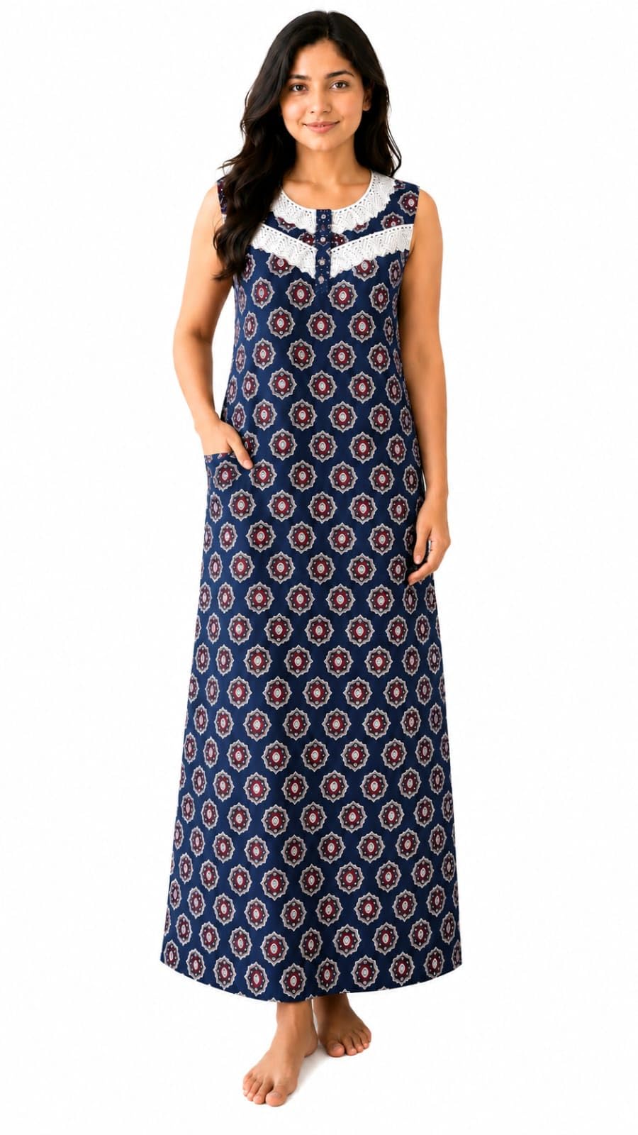Kouton Pearls Women's Sleeveless Nighty, Floral Print, Maxi Length, Lace Yoke with Button Detail, Side Tie, Pockets-picture-30