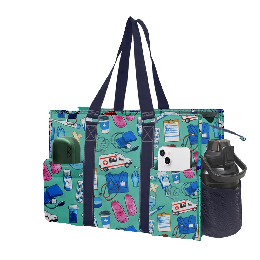 NGIL Utility Water Resistant Tote Bag, Top Zipper Closure, Perfect Gifts for Working Women, Nurses, Gym bag (Scrub Life- Navy)