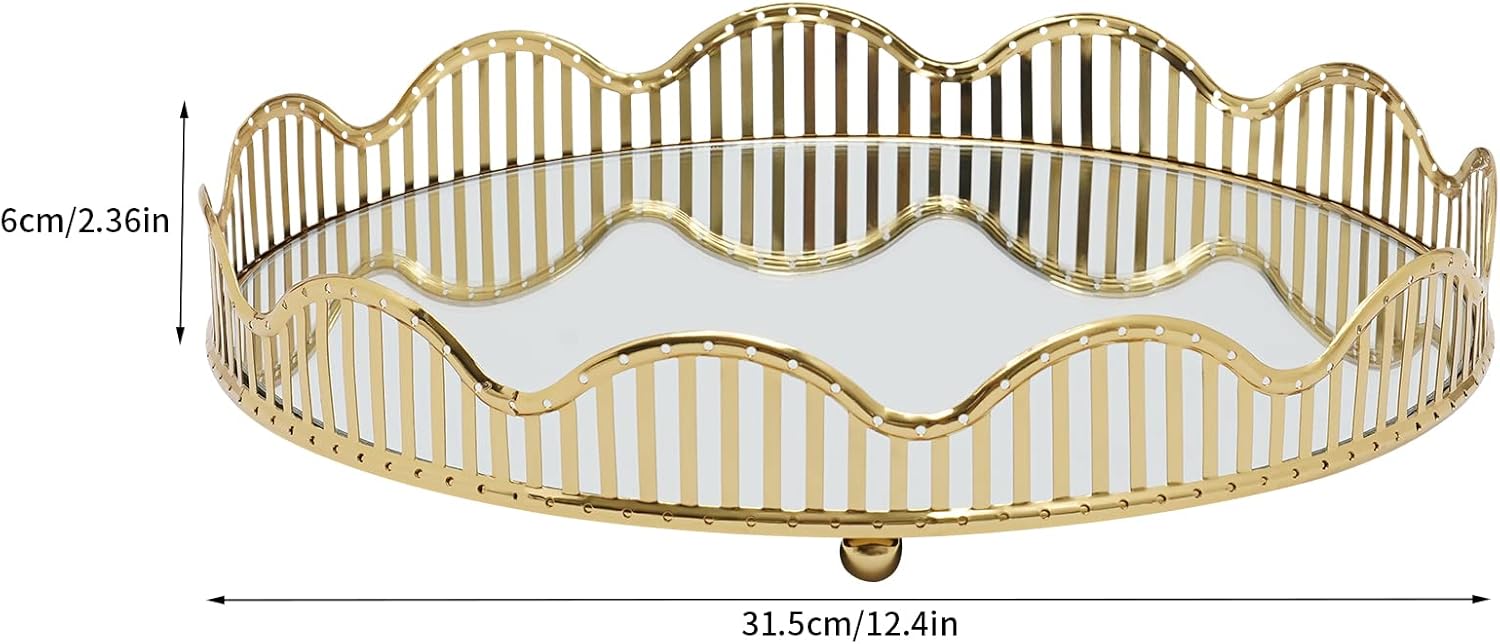 Gold Tray12.4 * 2.36 Glass MirrorCurve decorativeCenterpieces Perfume Holder Decorative Organizer and Storage Makeup Bathroom Tray Home Vanity for Dresser Coffee Table Bedroom Living Room (Round)