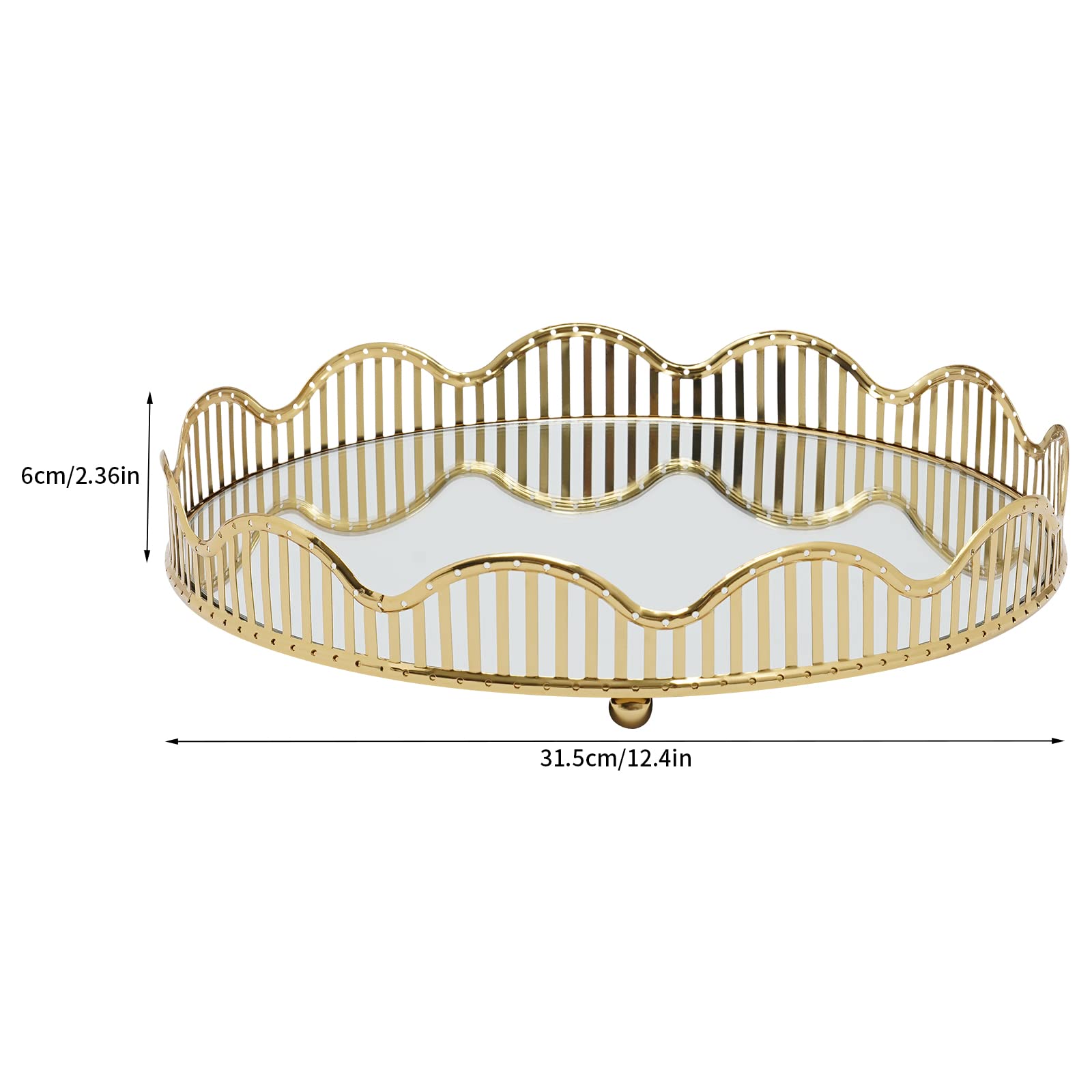 Gold Curve Serving Tray Luxury Mirror Centerpieces Perfume Holder Trays for Dresser Round 12.4