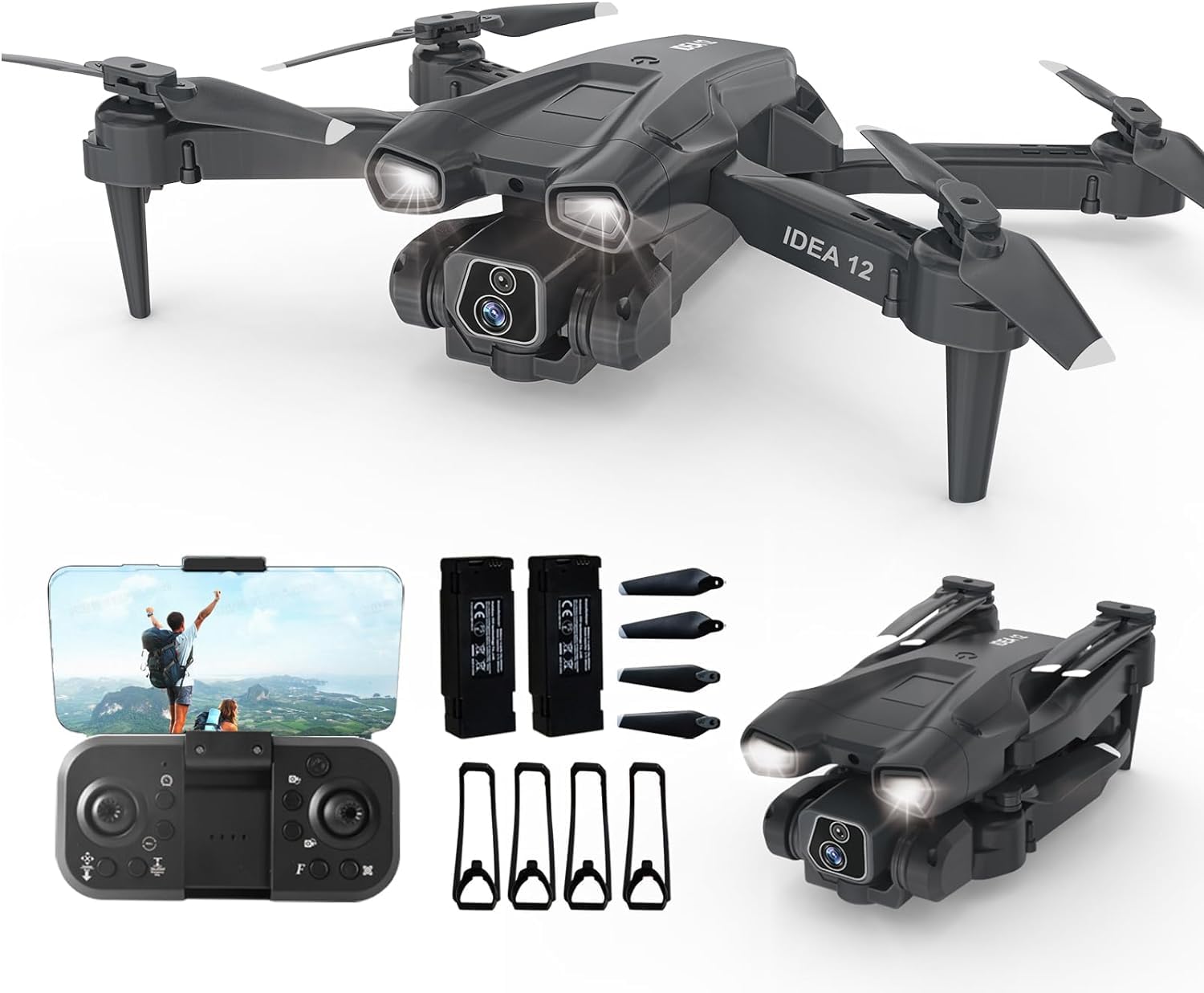 IDEA12 Drone with Camera HD 2 Cameras Mini Drones for Adults Beginner 135° Electrically Adjustable RC FPV WIFI Foldable Quadcopter for Beginners 360° Flips Altitude Hold 2 Batteries