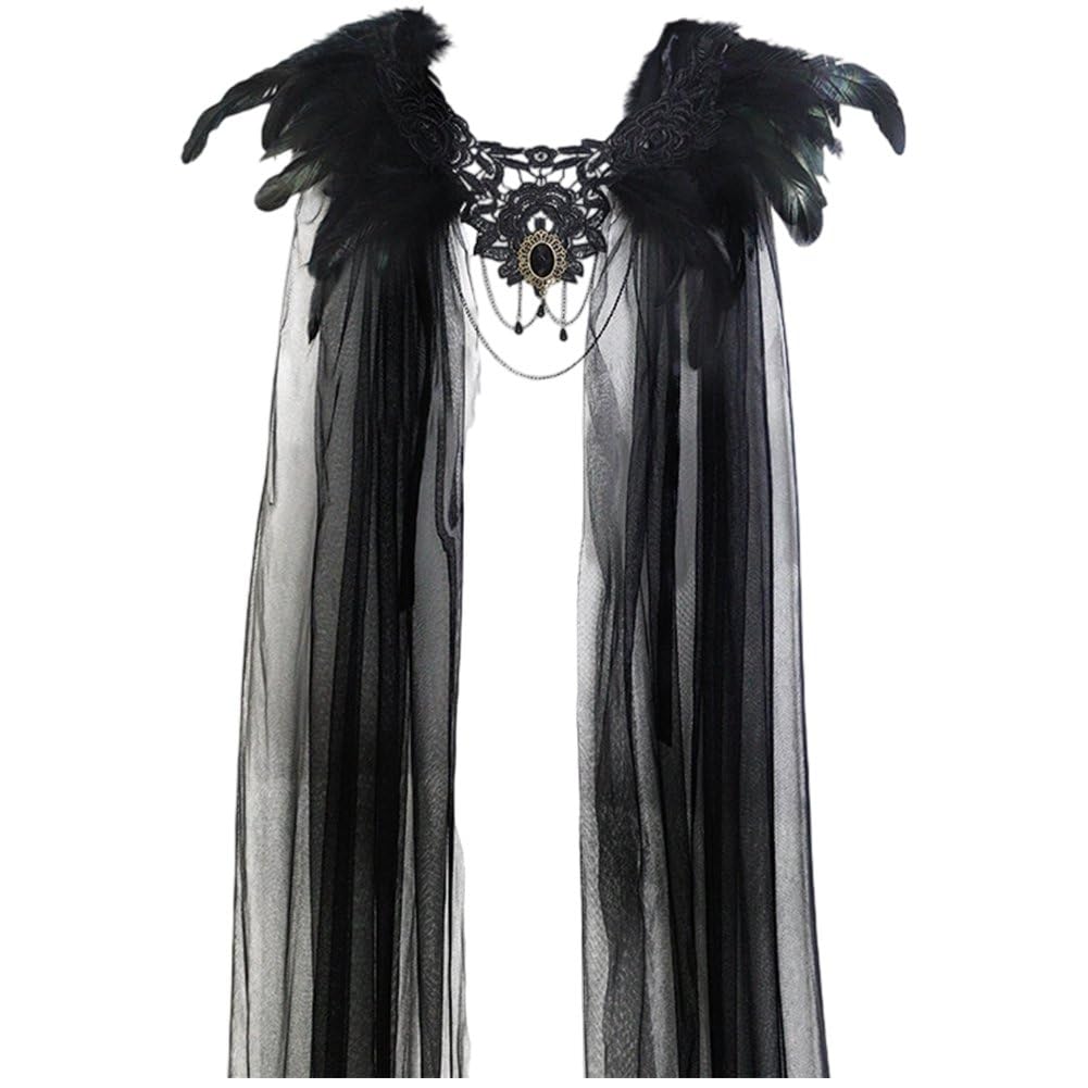 Luxylei Woman Gothic Feathered Cape, Black Mesh Cloak with Tulle Skirt, Halloween Witch Cape Full Length Costume Cloak for Cosplay Costumes