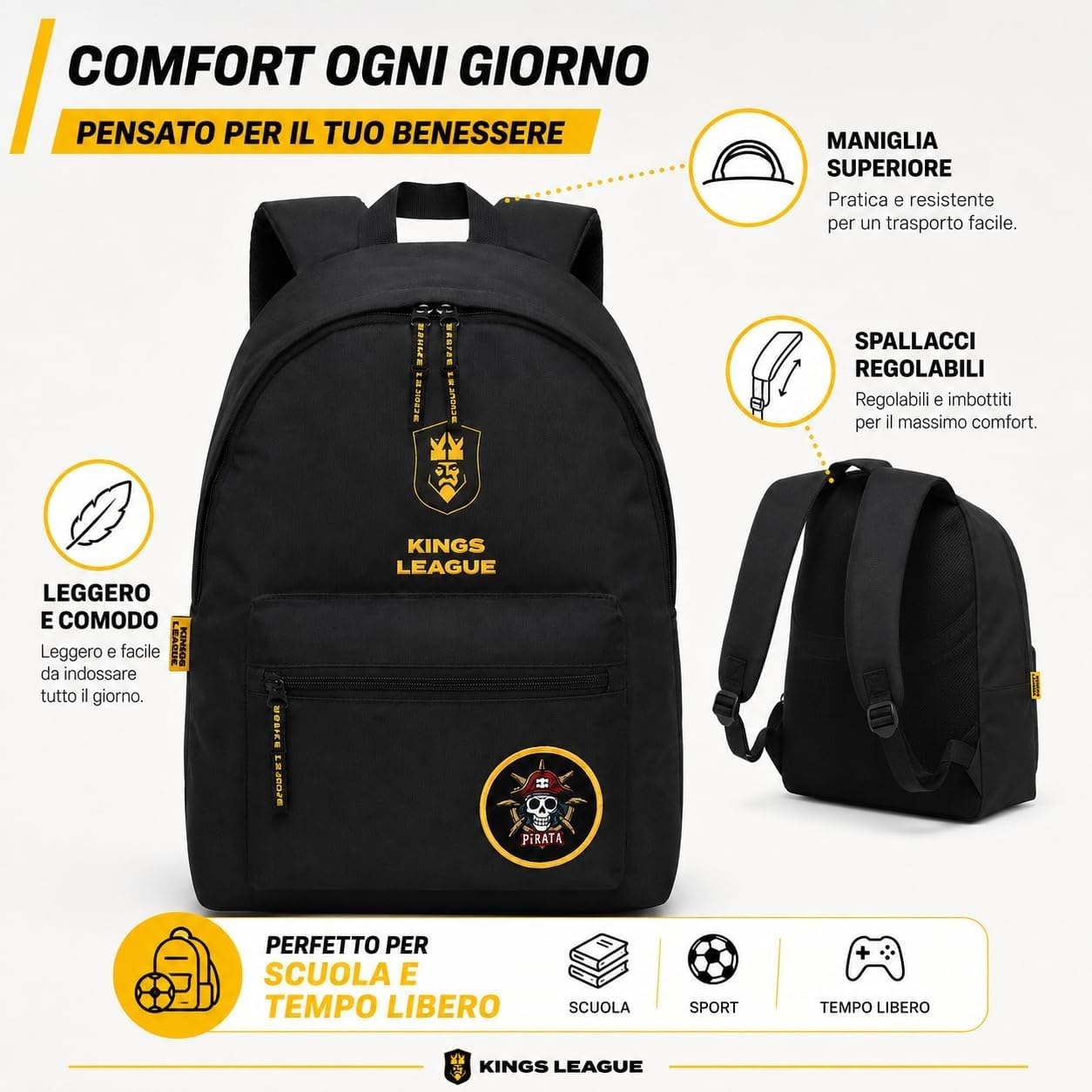 PRESTIGE & DELUXE Zaino Tondo americano - King League Patch Intercambiabile - per la scuola primari Bambini + Astuccio STALLIONS ovale zip + diario + Kit penne e portachiave calcio