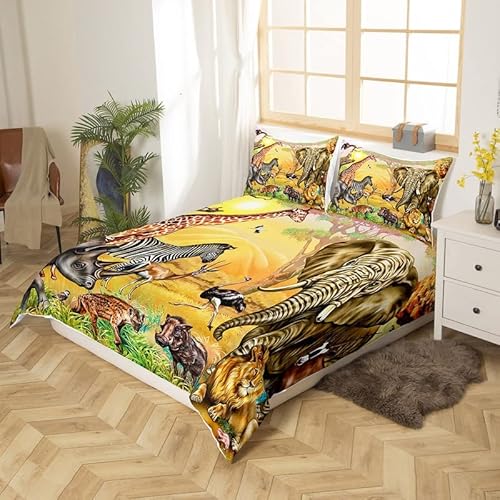 Lion Comforter Cover Elephant Zebra Giraffe Bedding Sets African Safari Animals Duvet Cover Set For Kids Boys Girls Leopard Rhino Wildlife Sunset Bedspreads Cover With 1 Pillow Case Twin Size #TOP2