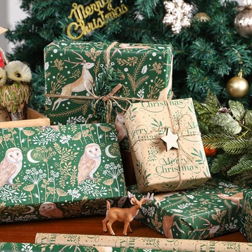 RUSPEPA Christmas Wrapping Paper Set, Jumbo Roll, 4 Rolls Green Owl Reindeer Ball Design Kraft Gift Wrap with 8 Bows, 2 Spools of Bakers Twine, 30 Stickers and 30 Gift Tags, 30 Inch x 10 Feet Per Roll