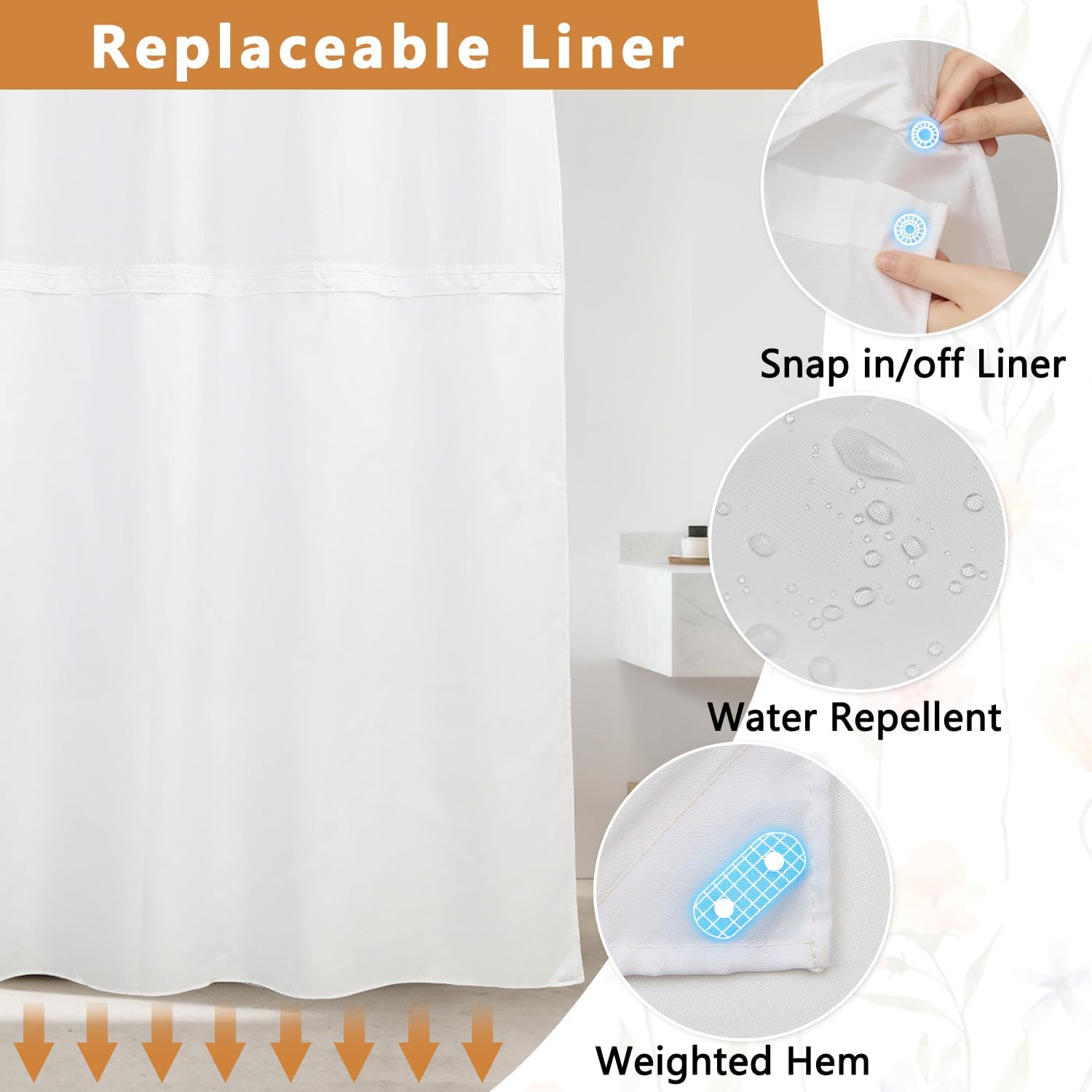 Blomming Bright Colorful Floral Shower Curtain with Snap in Liner Set, Double Layers Waterproof Fabric No Hook Shower Curtain, Minimalist Aesthetic Flower Bathroom Curtains Decor, 71x74 Inch