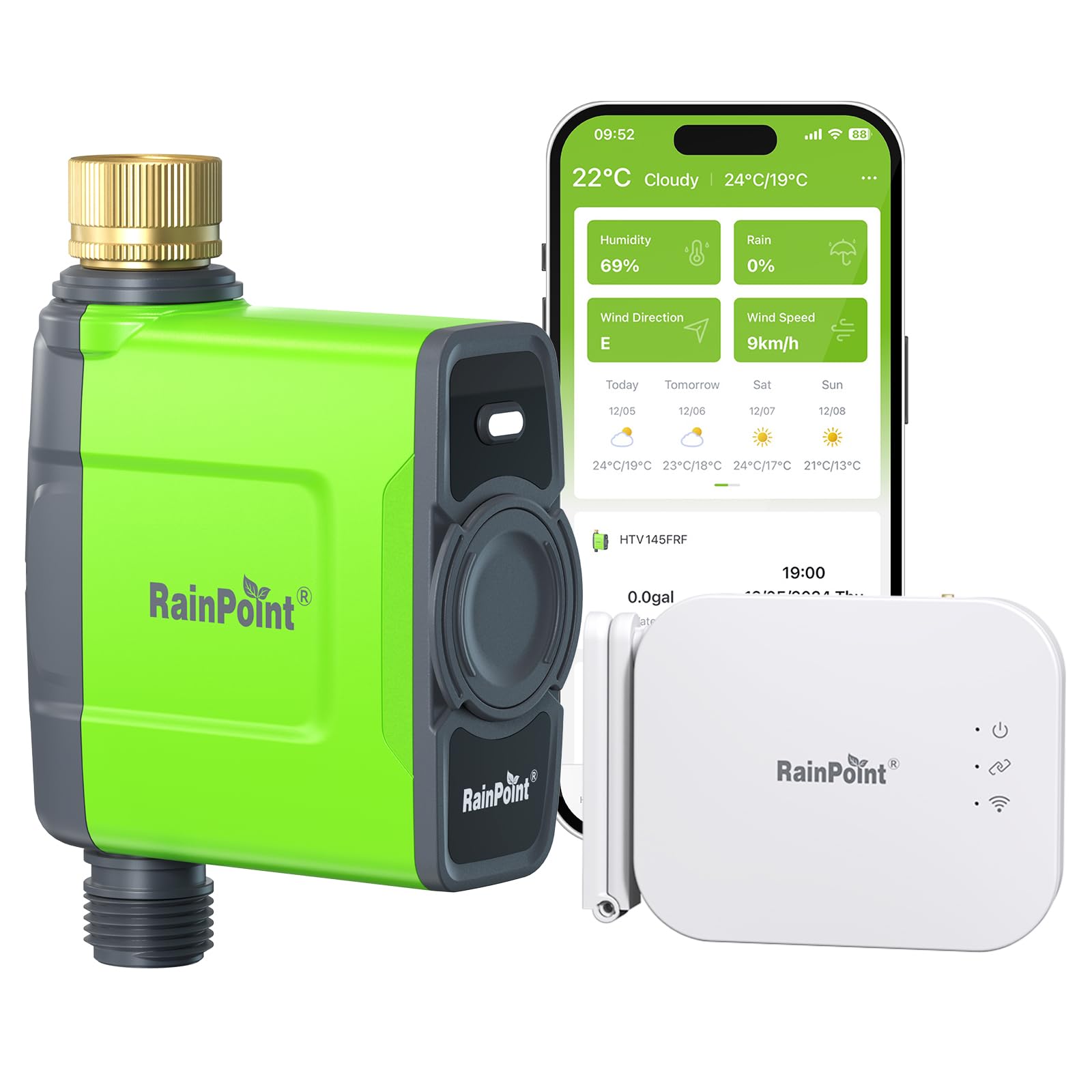 RAINPOINT Bewässerungscomputer WLAN mit Antennen-Gateway und Messingeinlass IP65 Bewässerungssteuerung mit APP/Sprachsteuerung Wetterbasiert Automatisches Bewässerungssystem für Garten