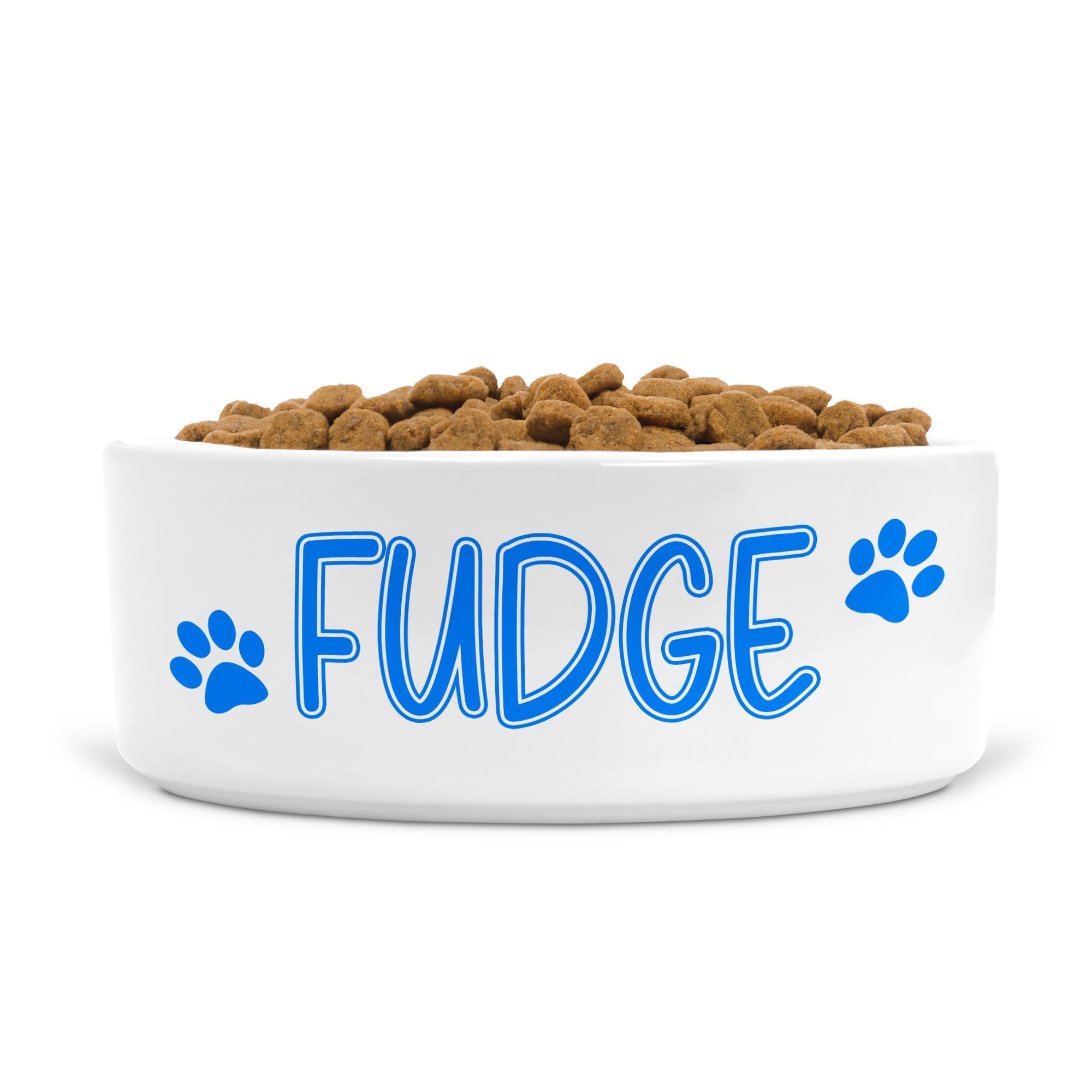 Personalised Ceramic Dog Bowl Custom with Name 2 Paw Prints, Size Small-Medium Dogs (Blue print, Text Style WD)