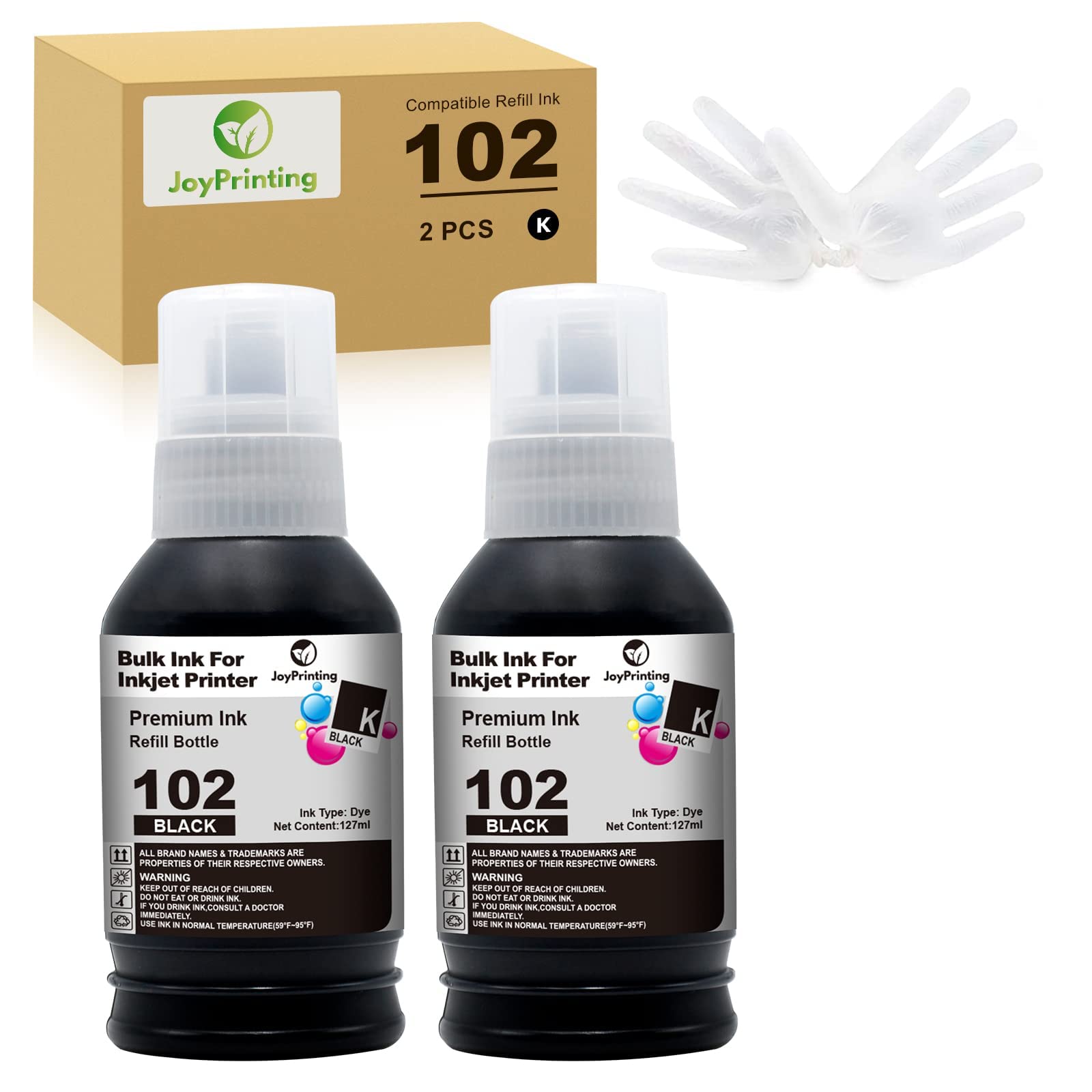 102 Ink Replacement for Epson 102 Ink Bottle Refills Compatible with Epson EcoTank ET-2750 ET-2700 ET-2756 ET-2850 ET-2856 ET-2851 ET-3700 ET-3750 ET-4750 ET-4850 ET-4856 (2 Black)