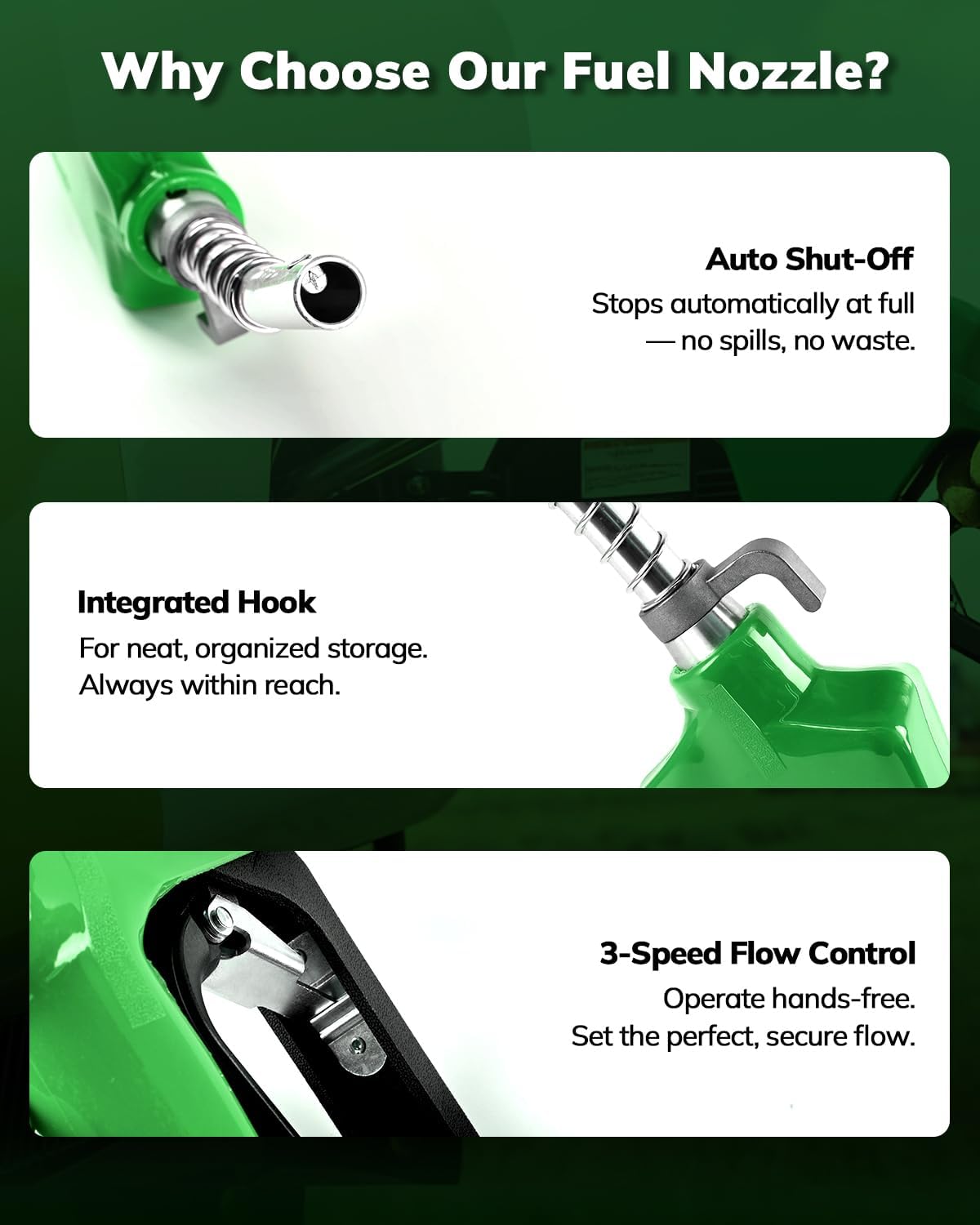 4 Pack 3/4" NPT Automatic Fuel Nozzle, Auto Shut-Off Gas Pump Nozzle with Hook, Max Flow 16 GPM, 3-Speed Padlock, for Diesel, Gasoline, Kerosene, Biodiesel up to B20 (Green)