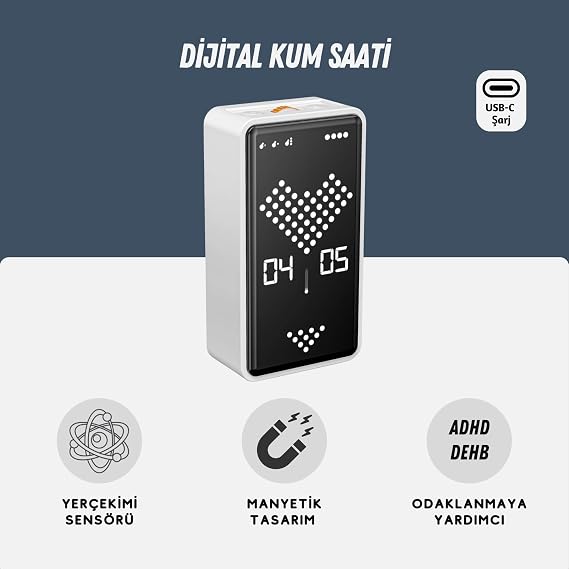 GT-3 Dijital Kum Saati Pomodoro Zamanlayıcı 1-99 dk, LED Ekran, Çevir Başlat Yerçekimi Sensörü, Mıknatıslı, USB-C Şarjlı, Sessiz ve Alarmlı Mod (Beyaz)