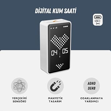 GT-3 Dijital Kum Saati Pomodoro Zamanlayıcı 1-99 dk, LED Ekran, Çevir Başlat Yerçekimi Sensörü, Mıknatıslı, USB-C Şarjlı, Sessiz ve Alarmlı Mod (Beyaz)