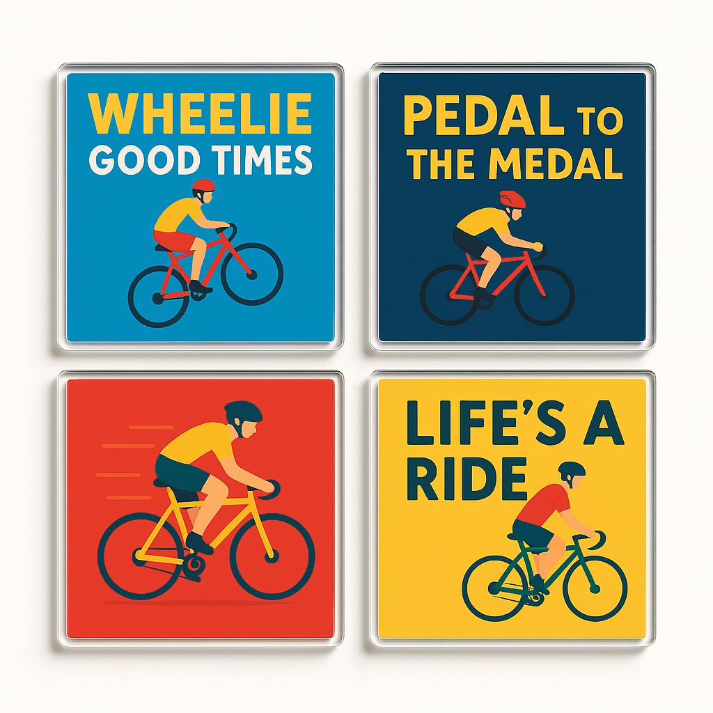 The Plum Penguin Cycle Vibes Set Acrylic Coaster Gift Set Of 4 - Cycle Vibes Design For Cycling Enthusiasts - Vibrant Home Decor For Sporty Spirits