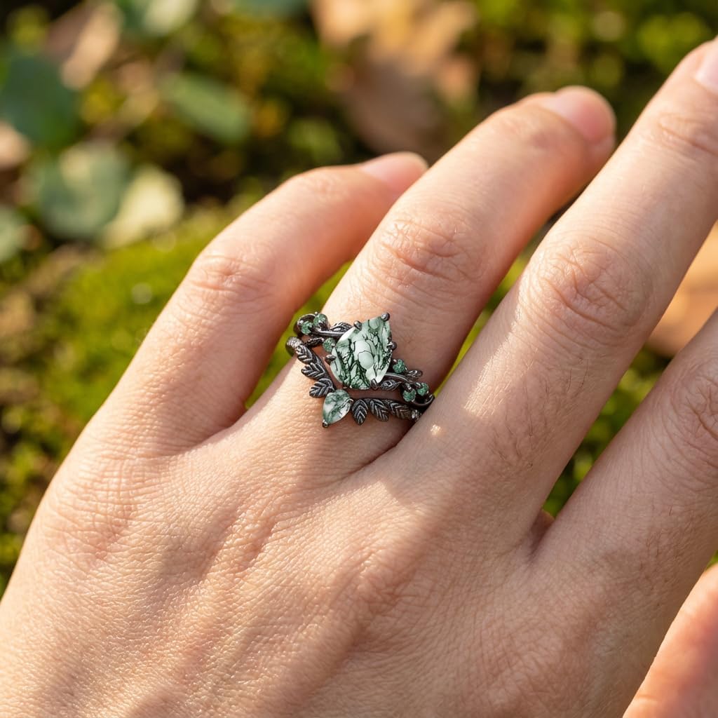 Natural Moss Engagement Agate Black Ring for Women 925 Sterling Silver or Solid Gold Engagement Ring Set Jewelry Gift for Her Customizable Bridal Wedding Ring Set Gift for Wife Optional Size 4-15