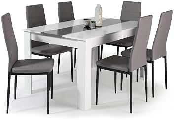 IDMarket – Conjunto de mesa de comedor Georgia 140 cm blanco y gris y 6 sillas romane grises