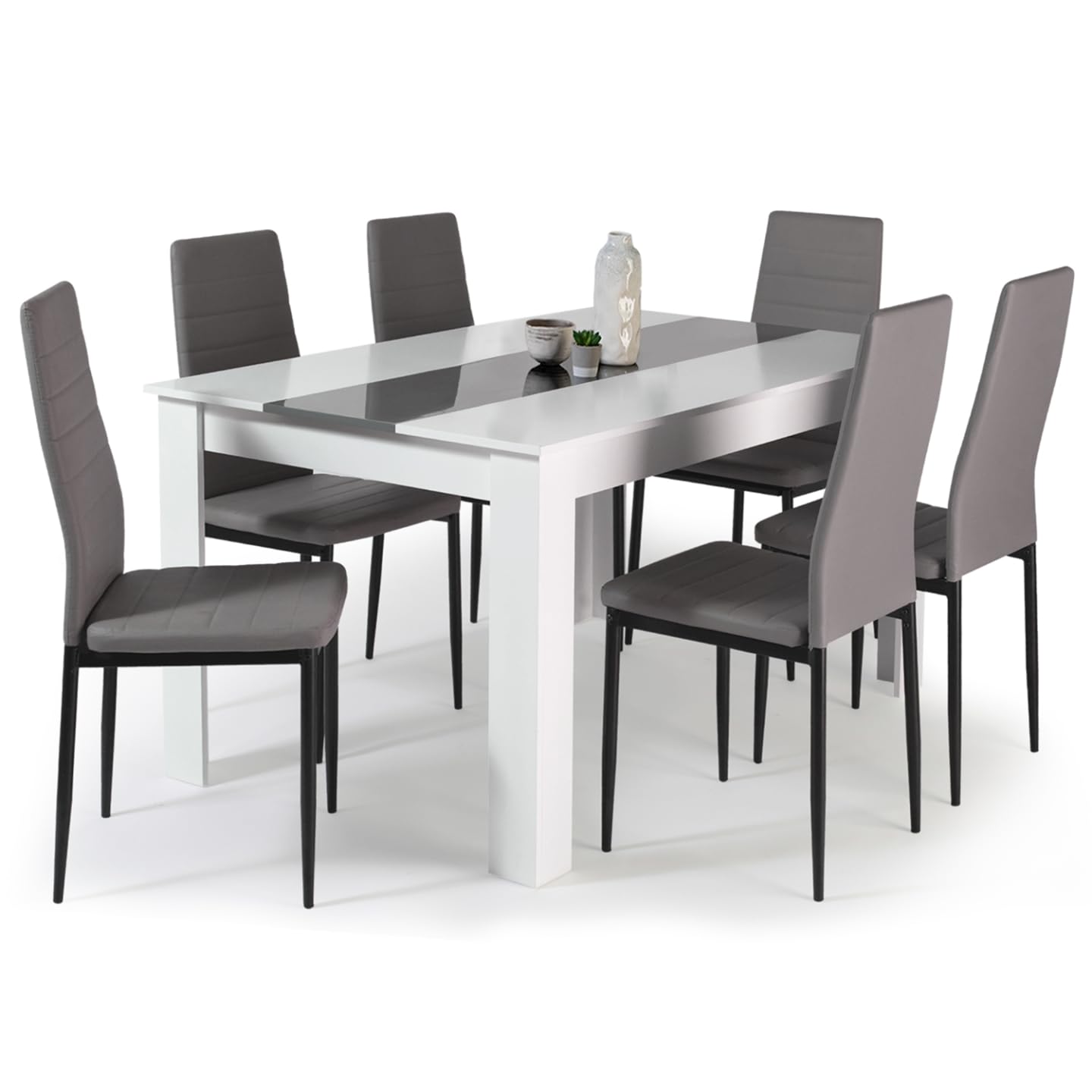 Table à Manger Georgia 140 cm Blanche et Grise avec 6 Chaises Romane Grises