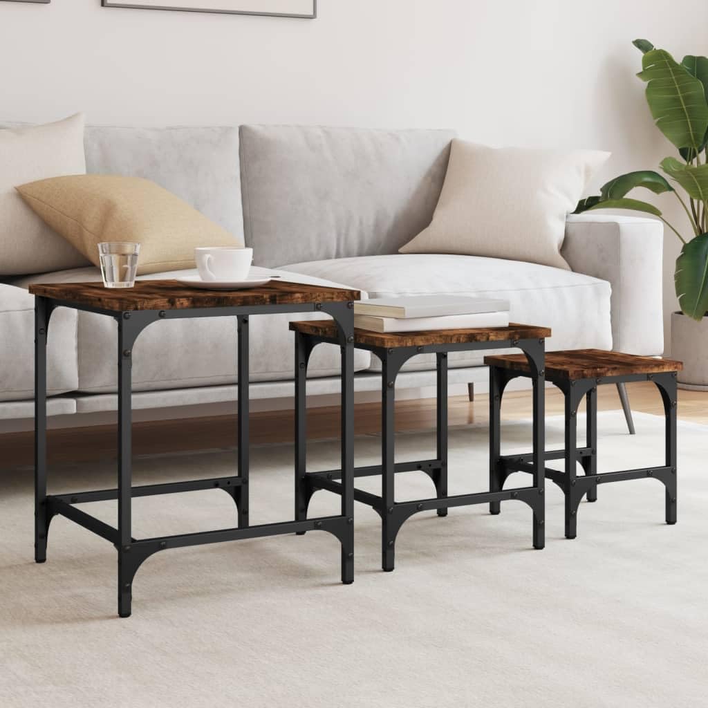 Mesa de reunión, 3 piezas, material de madera ahumada, juego de mesa de café de diseño industrial, mesas auxiliares estables para sala de estar, dormitorio, oficina, ahorro de espacio