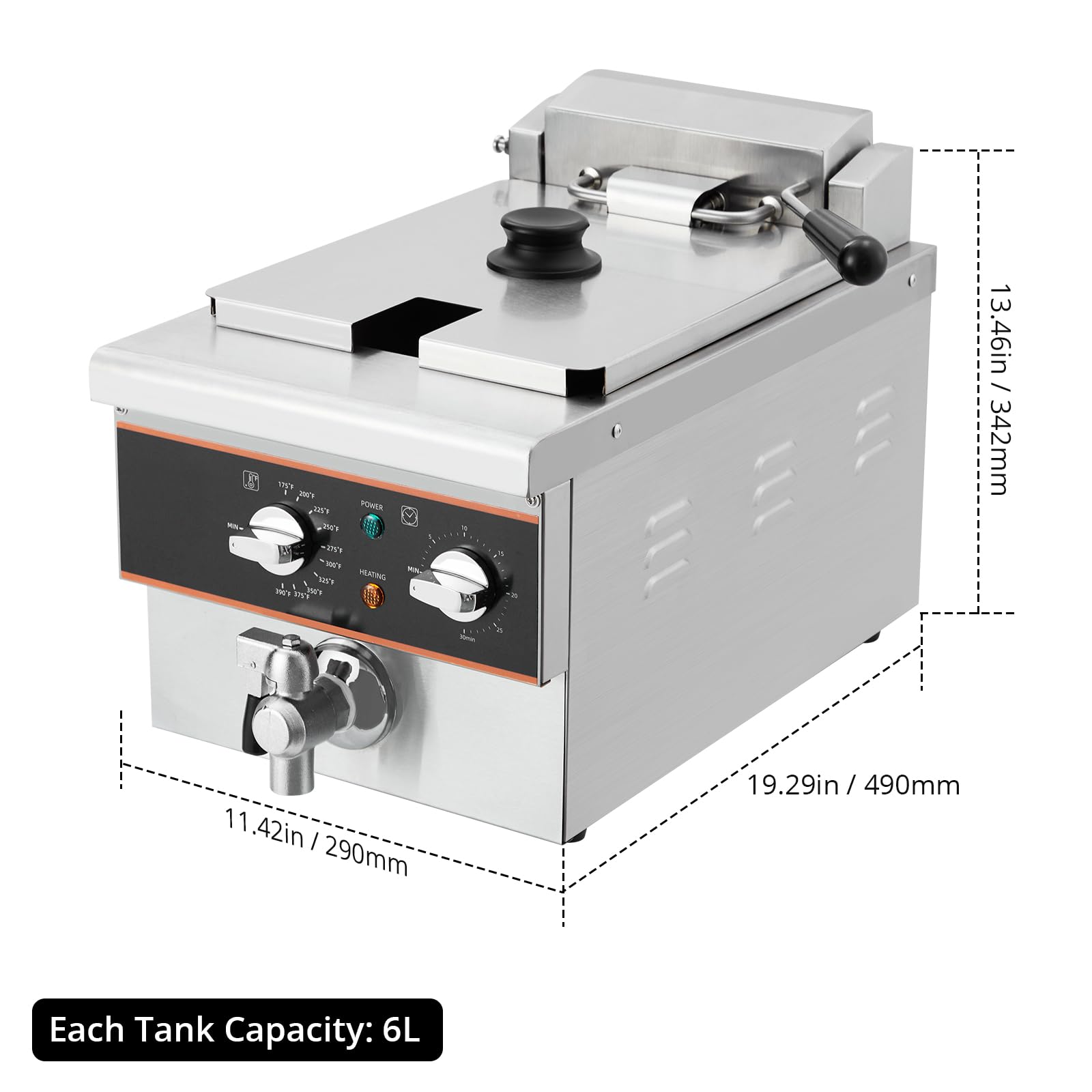 Commercial Deep Fryer - Dual Tank 1800W Electric Countertop Fryer with Basket, 6.34QT/6L Stainless Steel Oil Fryer with Drain, Time & Temp Control, for Kitchen Restaurant Use