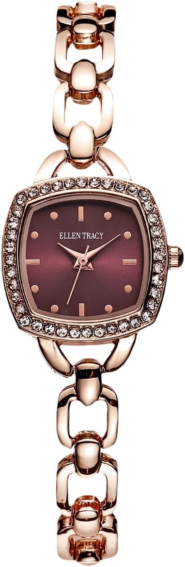 Ellen Tracy Women's 22mm Cushion Rose Goldtone Watch, Burgundy Dial, Crystal Accents, Bracelet Band