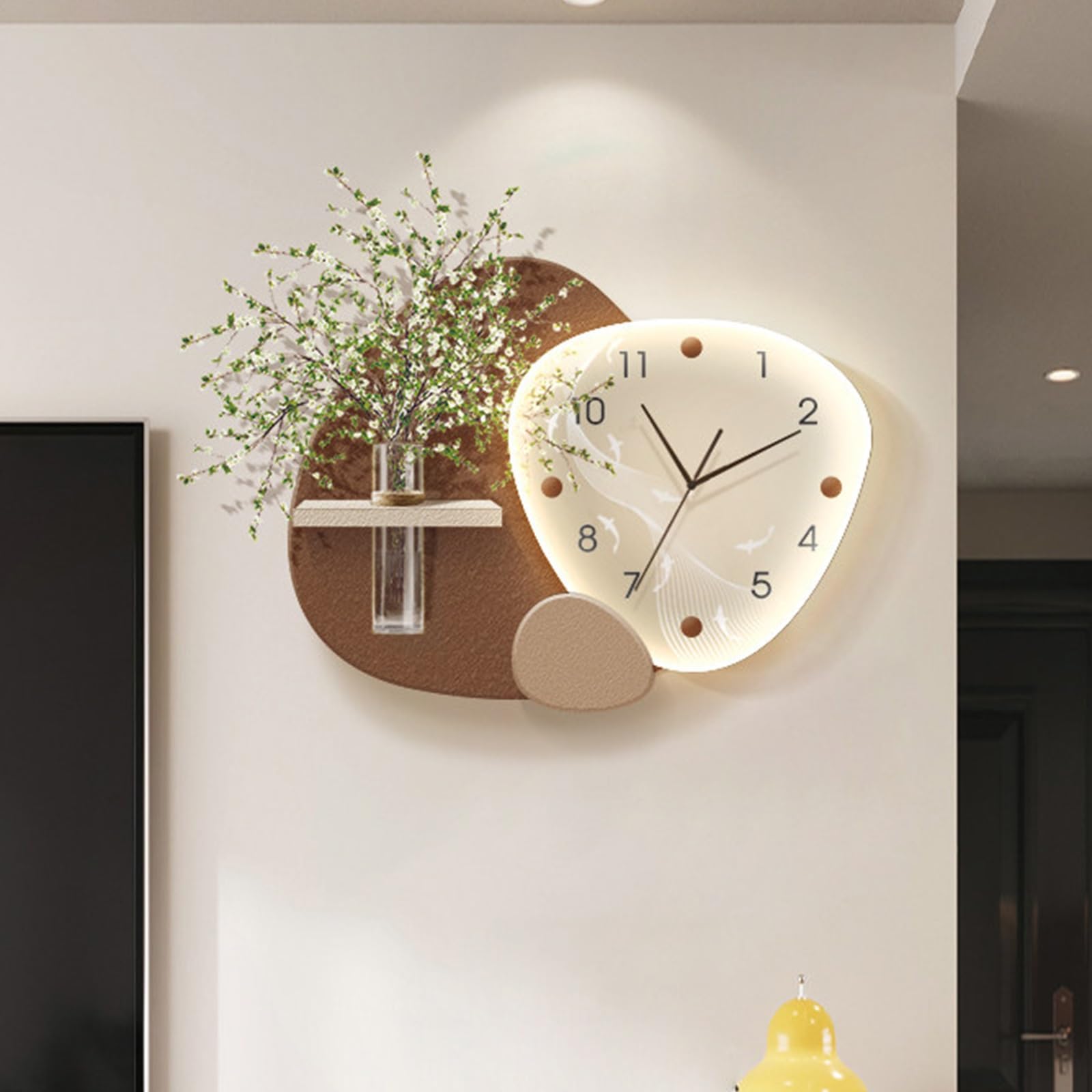 Modern Art Decor Clock with 3D Glass Vase,Stylish Creative Wall Art for Living Room,Silent Non-Ticking Decorative Wall Clocks,for Living Room Bedroom Dining Room(Brown With Light,15.7x11.8in)