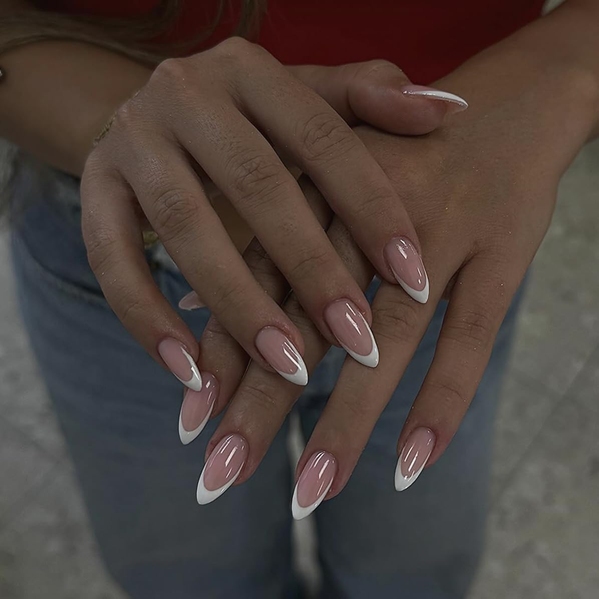 Chrome White French Tip Press on Nails Medium Almond Nails Press