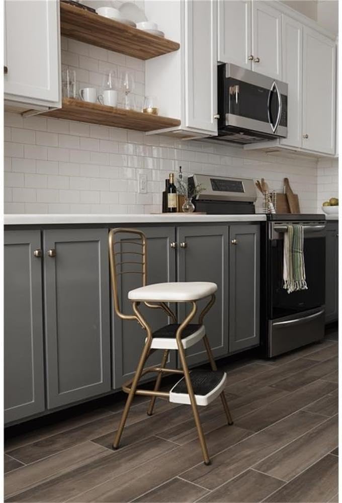 Pemberly Row Retro Chair and Step Stool, Flip-Up Seat, Gold Steel Frame, Cream Vinyl Upholstery, 225 lb Capacity, Cushioned Seat, Multi-Purpose Counter Height Chair for Kitchen or Bar Spaces