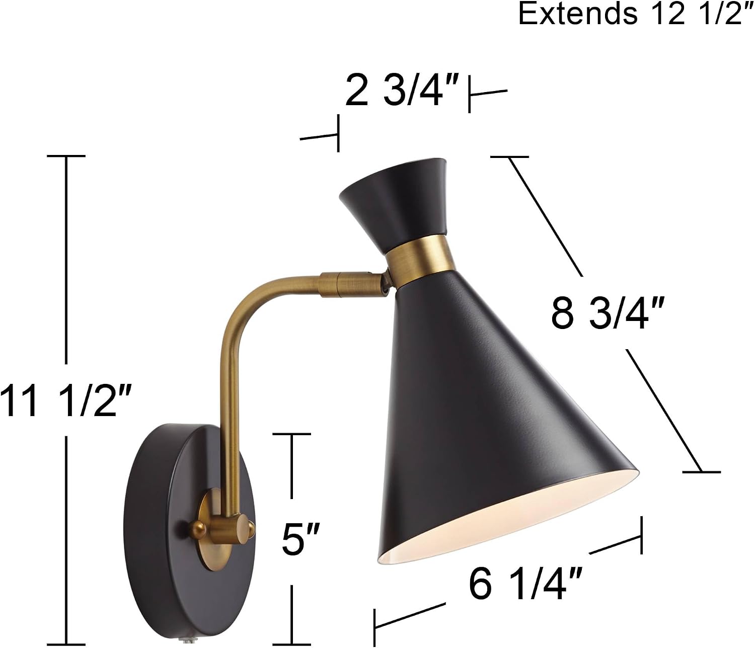 360 Lighting Venice Modern Wall Lamps Set of 2 with Smart Sockets Matte Black Brass Plug-in 6 1/4" Fixture Adjustable Conical Shades for Bedroom Bedside Reading Living Room Hallway House