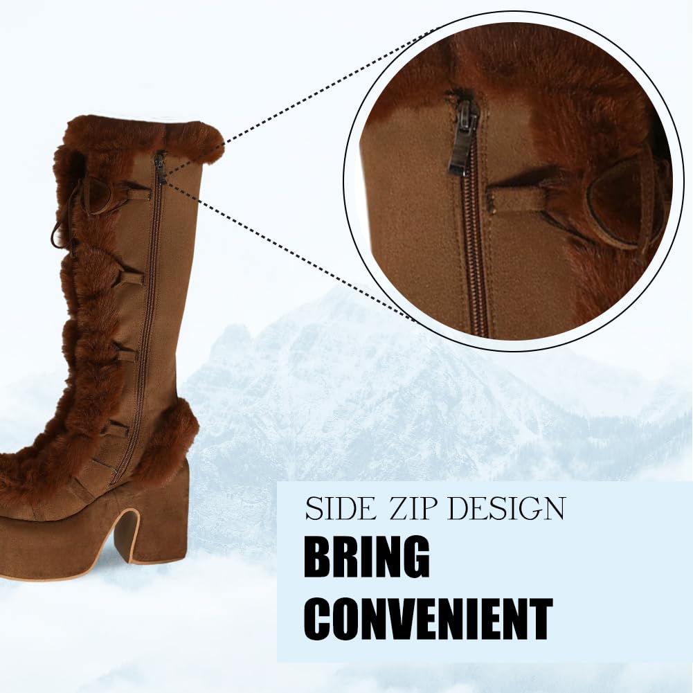 CELNEPHO Knee High Boots For Womens Side Zipper Warm Faux Fur Platform Chunky Heel Punk Goth Walking Winter Snow Boots