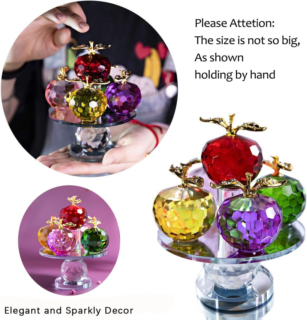 QFkris 5.1inches Height, 5 Colors Crystal Faceted Apples Ornament, Glass Apple Figurines Collectibles with Rotatable Base for Home Table Decor