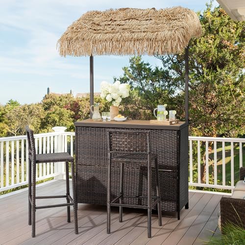 Mvpipi Outdoor Tiki Bar Set 3 Pieces All-Weather Wicker Patio Bar Set with 2 Height Stools and Storage Outdoor Bar Set for Outside Patio Garden Backyard Brown