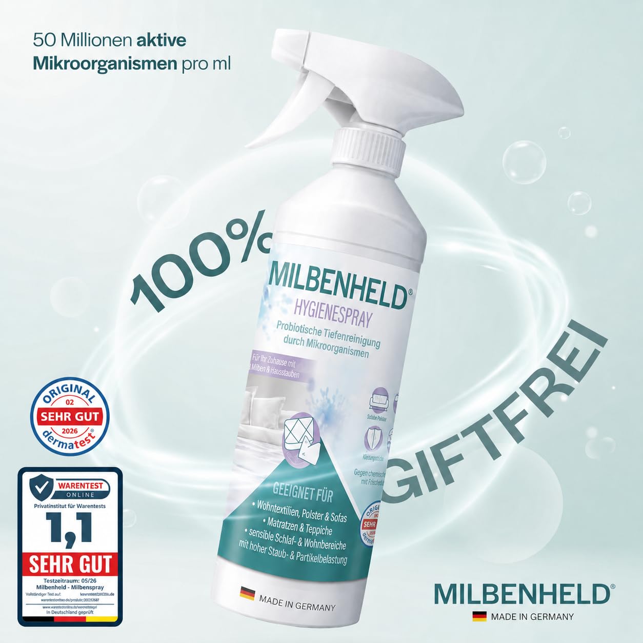 Milbenspray für Matratzen Bettwäsche Polster 500ml - SOFORTEFFEKT & 100% GIFTFREI - Anti Milben Spray als Allergie Spray für Allergiker gegen Hausstaubmilben