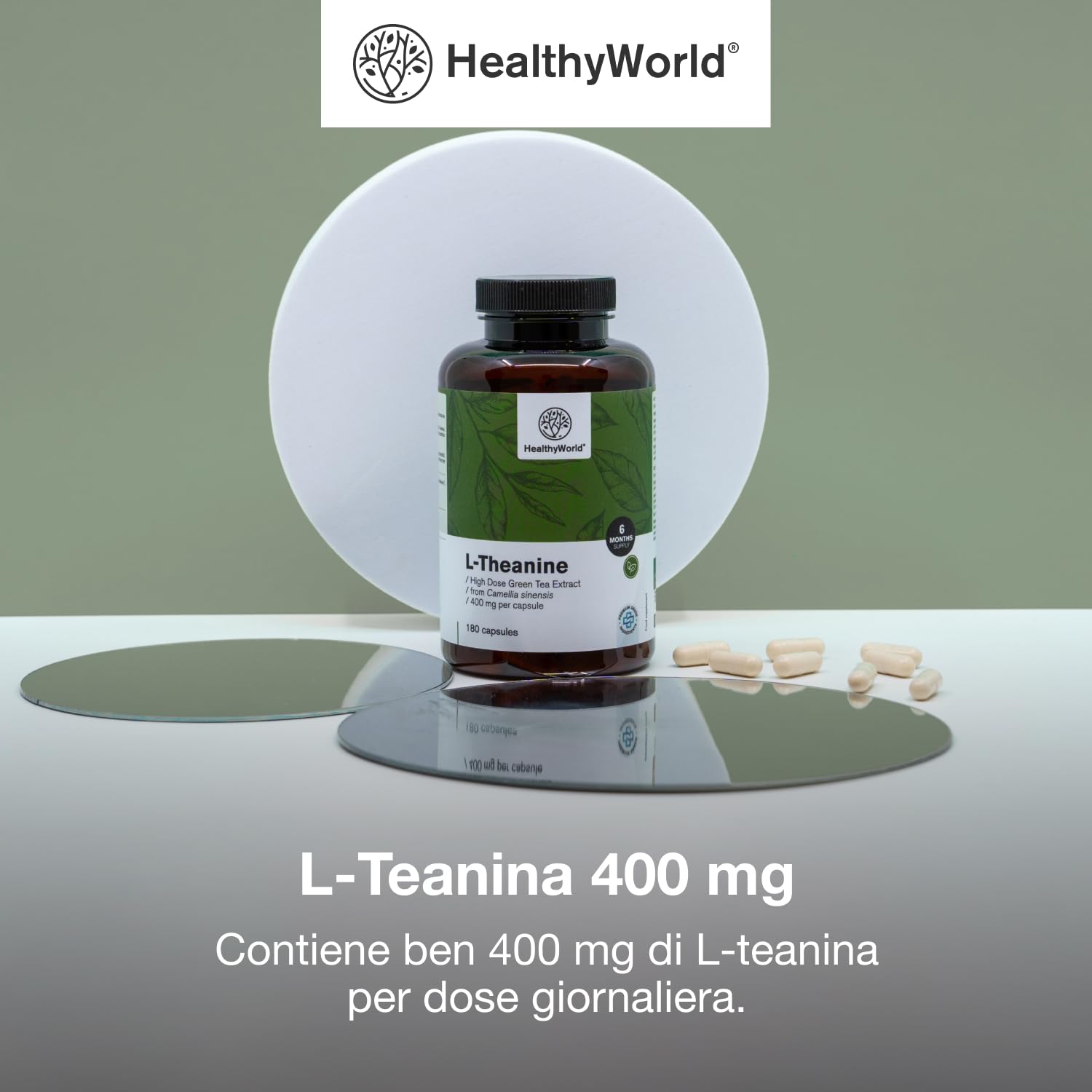 HealthyWorld L-Teanina 400 mg - 180 Capsule - Estratto di tè verde - Alta concentrazione - Aminoacido efficace - Supporto naturale per l'organismo - Vegetariano e non OGM