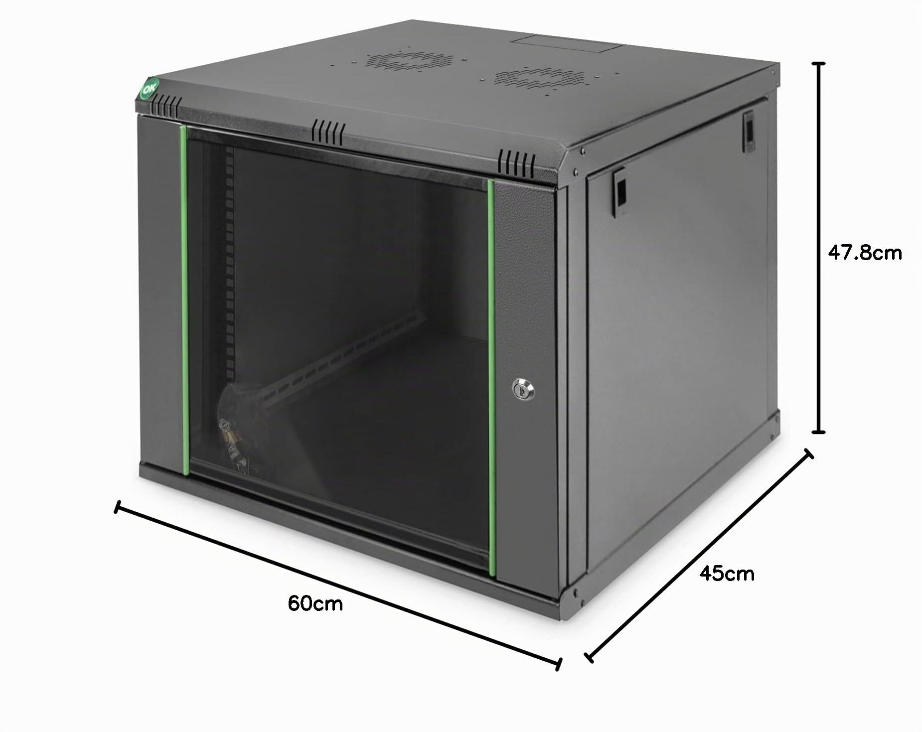 DIGITUS Netzwerkschrank – 19 Zoll 9HE – 450mm Tiefe – Dynamic Basic | Nutztiefe 320 mm – Wandmontage – Traglast 60kg – Sicherheitsglastür – Schwarz