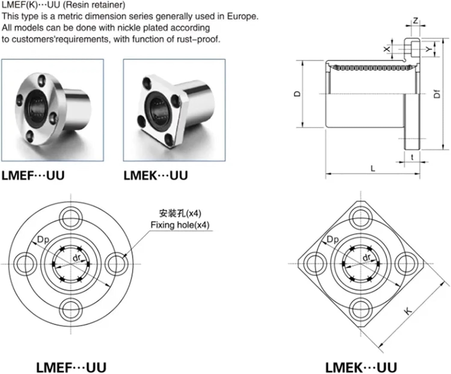 1PCS LMEF12/16/20/2/30/40UU Standard Flanged Round Flanged Guide Linear Bearings(LMEF16..UU)