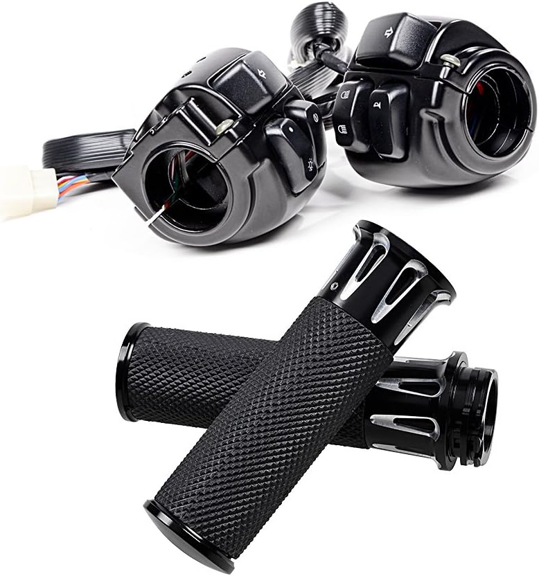 Anzio Left Right CNC 1" Handlebar Hand Grips + Switch Control, Push Button, Manual, Black, Compatible with 1996-2012 Harley Davidson