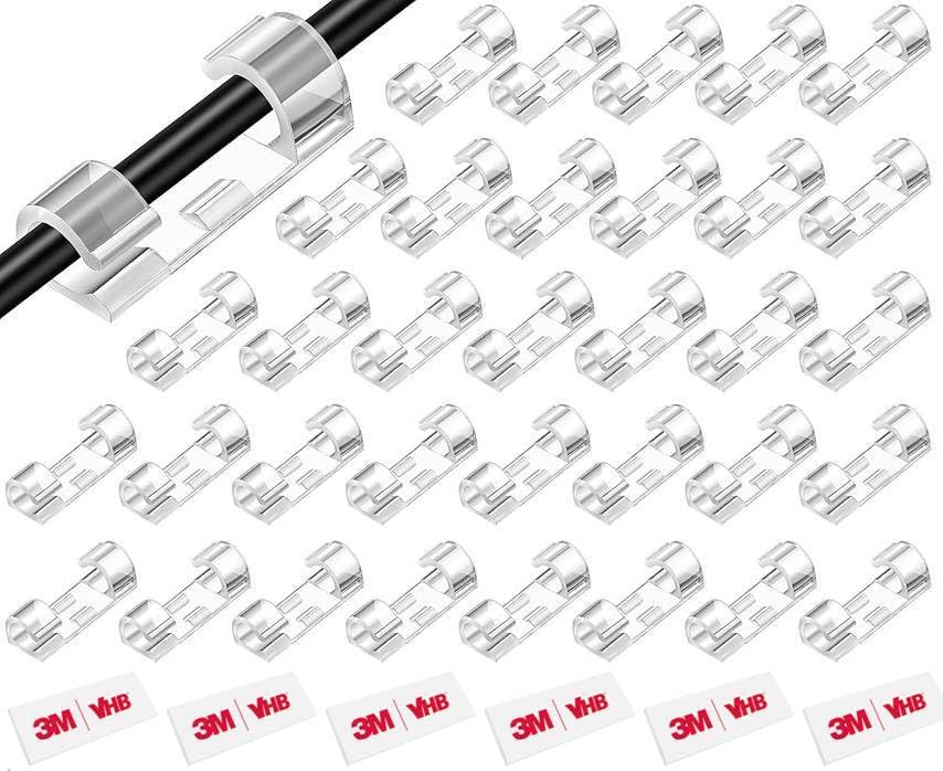 COINCE 3M VHB Heavy Duty Cable Clips with Strong Self-Adhesive Wire Holder Wire Management Clip Desktop Cord Hook for Desk, Car, PC, Christmas Light, Decoration (Transparent) (Pack of 60)