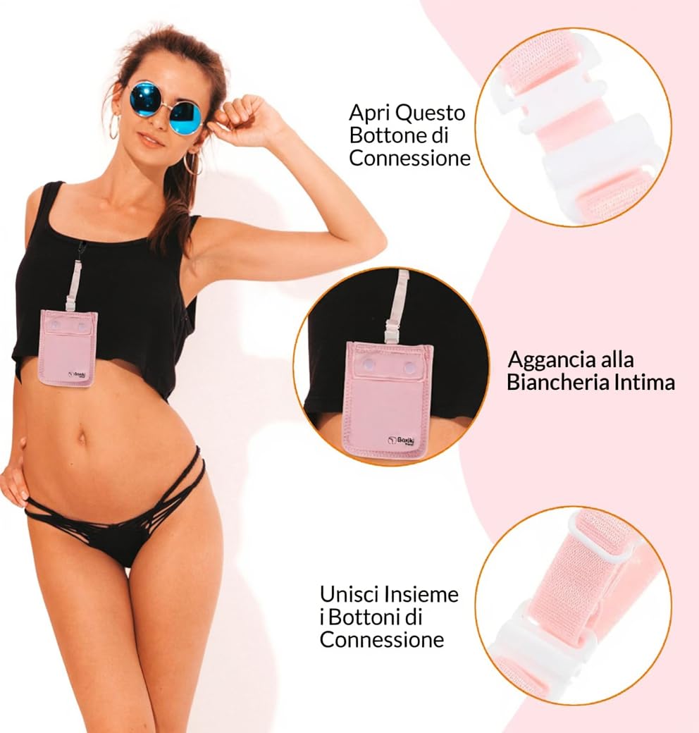 Boxiki Travel Portafoglio Segreto da Viaggio per Reggiseno da Donna - Tasca Nascosta per Passaporto, Soldi e Valori - Rosa