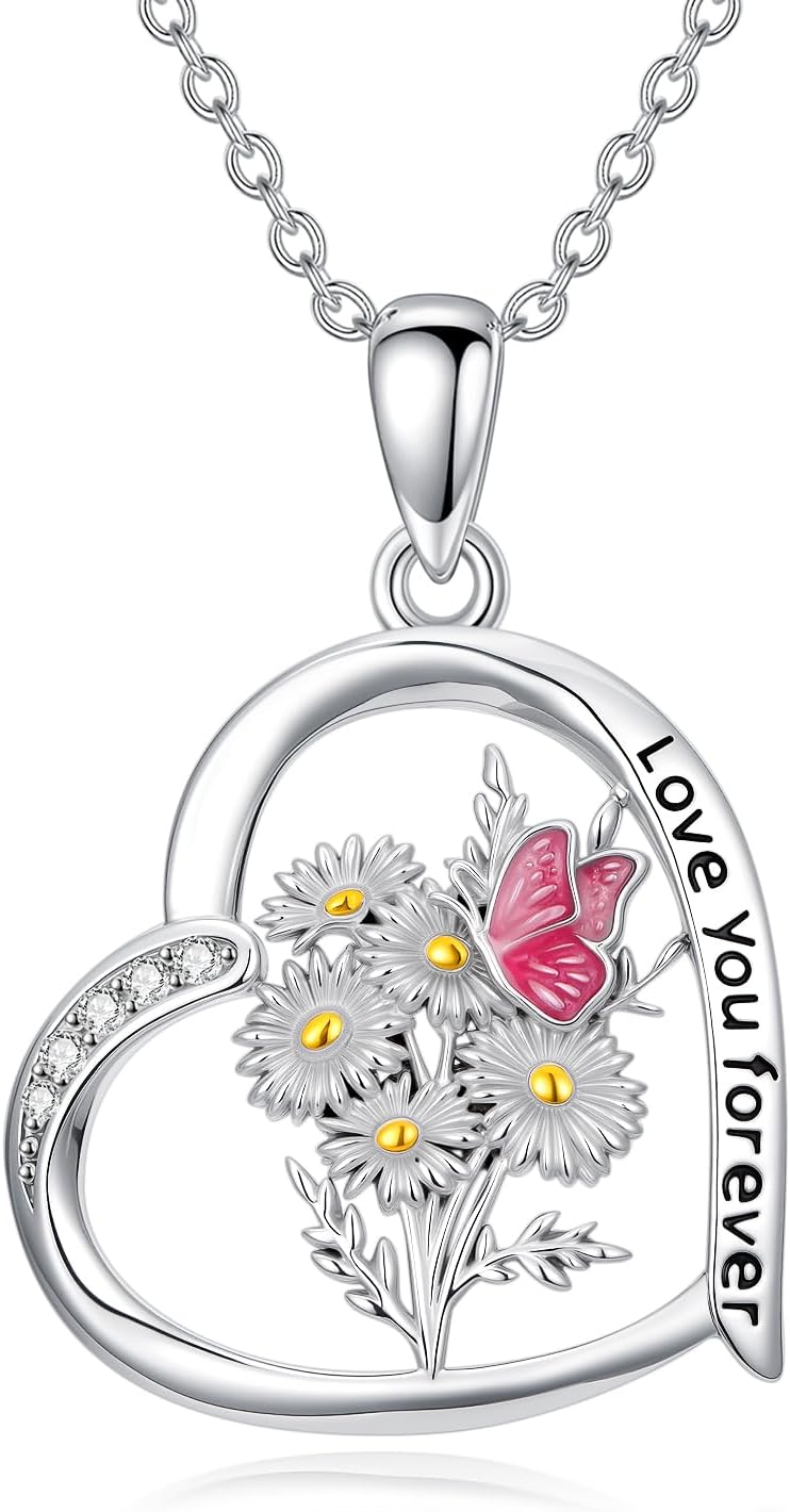 Daisy Heart Necklace 925 Sterling Silver Butterfly Flower Heart Pendant Necklace Daisy Jewelry Gift for Women Mom