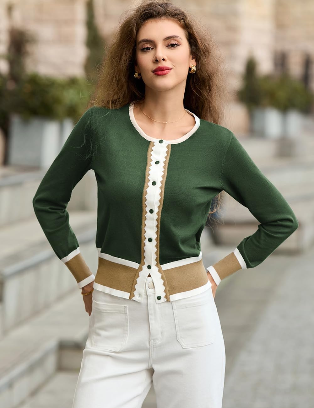 Women's Cardigan Sweater Color Block Long Sleeve Crew Neck Knit Cardigan Trendy Cropped Cardigan Shrug - Image 2