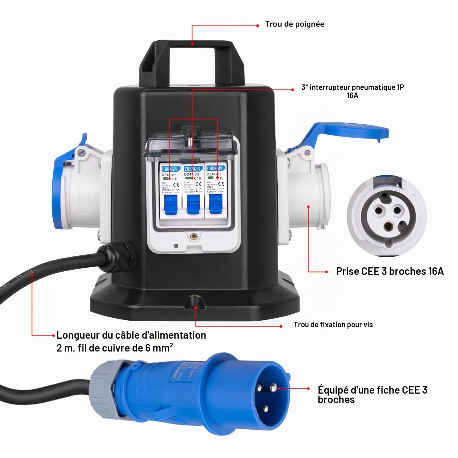Coffret Électrique de Chantier avec Disjoncteur,Distributeur D'alimentation Portable avec Schuko Socket 250V/16A/3 Pôles,Distributeur IP45 Étanche - idéal pour la Construction et L'extérieur