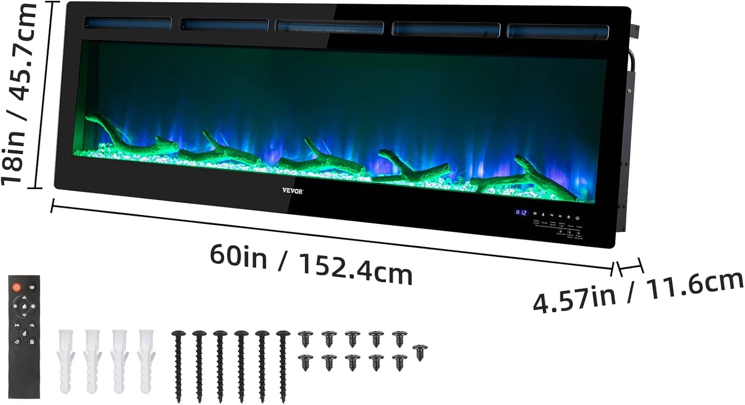 VEVOR Electric Fireplace, 60-inch Wall Mounted and Recessed Fireplace, Fit for 2 x 4 and 2 x 6 Stud, Adjustable Flame Colors and Speed with Remote Control & Timer, Compatible with Alexa, 1500 W, Black : Home & Kitchen