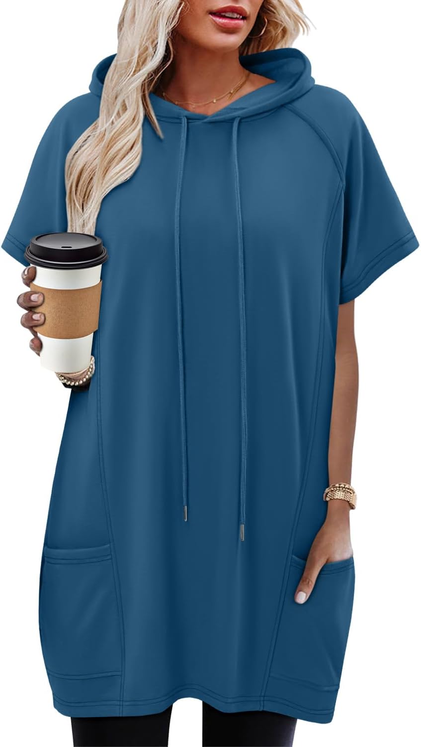 KISSMODA Long Shirts for Women Plus Size Summer Dresses 2025 Pullover Hoodies Short Sleeve Tunic Tops With Pockets
