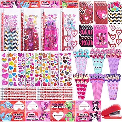 JOYIN 28 Packs Valentine's Day Stationery Set with Gift Card for Kids, Includes Pencils, Rulers, Notebook and Stickers for Classroom Exchange Party Favors Supplies