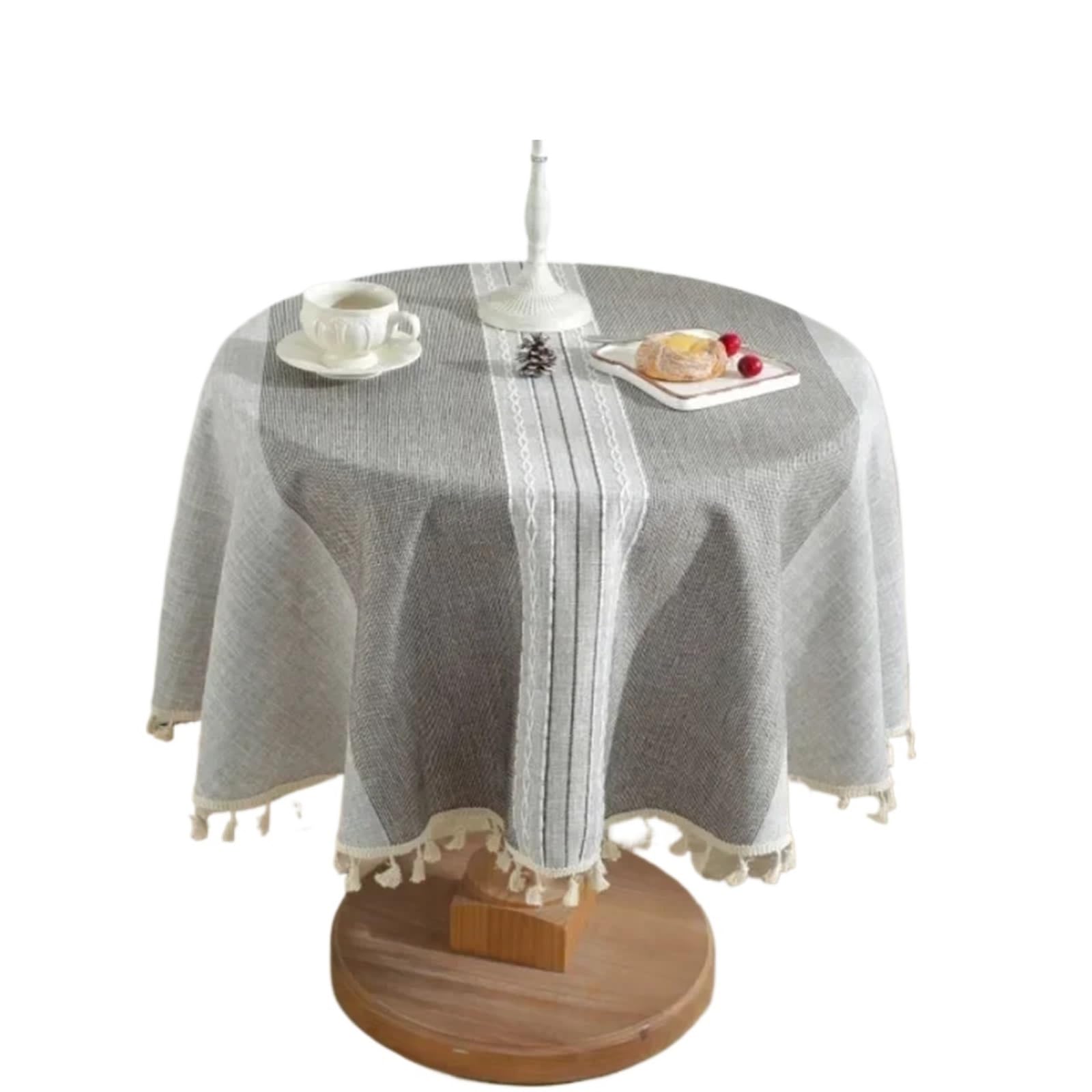 ZNTIHZ Fringe Edge Round Tablecloth Concise Dining Desk Anti Slip Fabric Desktop Decor Shoot Background Cloth For Wedding Party Banquet(Grey,Diameter 140cm)