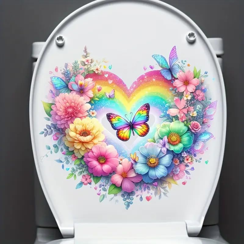 Heart Flower Bouquet Design Toilet Cover Sticker Decals,Fish Bird Flower Leaf Waterproof Toilet Lid Tank Seat Decals Cistern Self-Adhesive Bathroom Wall Sticker